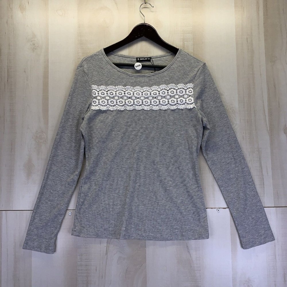 Sheilay Gray Ribbed Lace Accent Long Sleeve Juniors Girls Top XXL NWT-9496